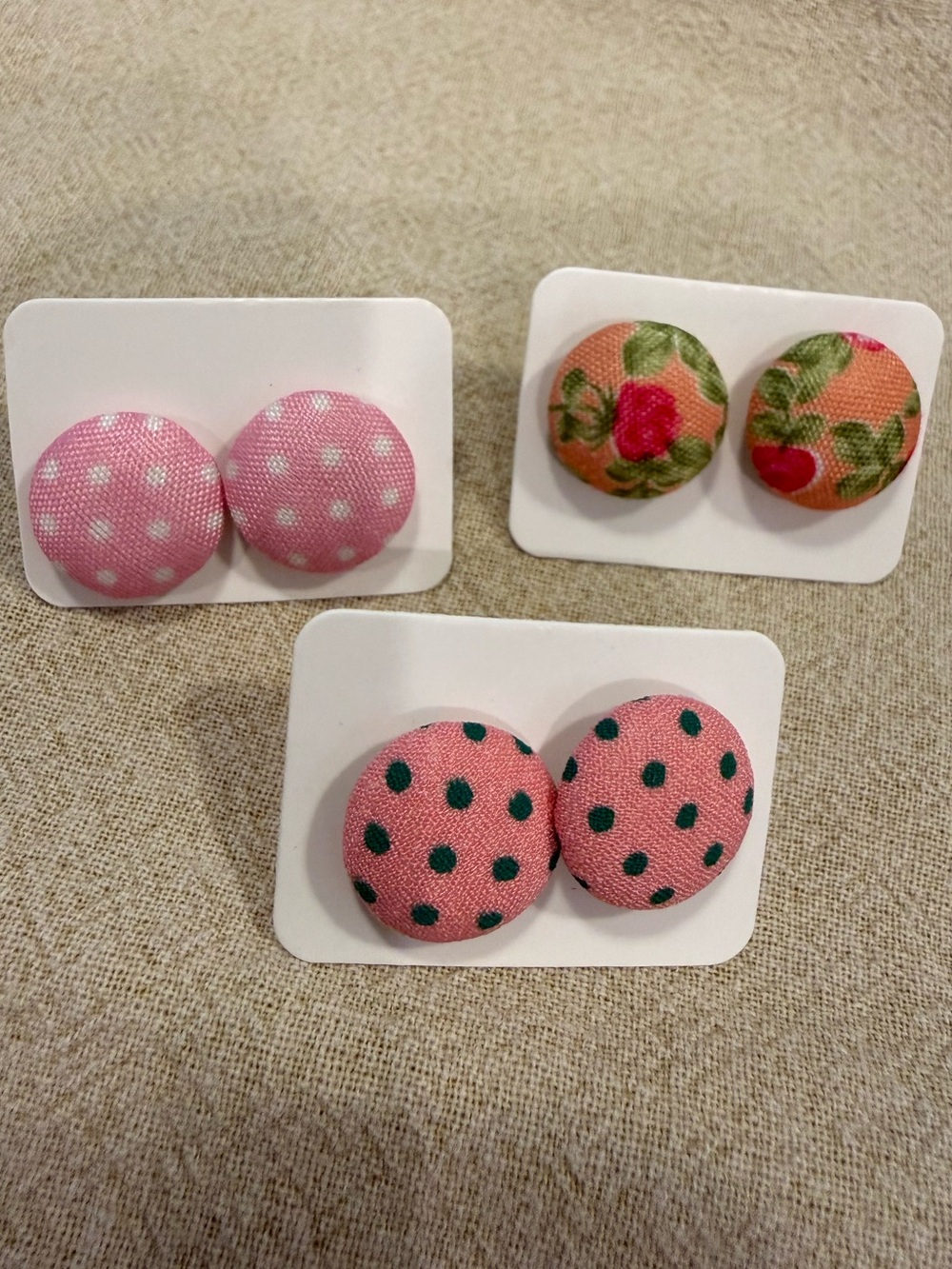 Preppy pink floral polka dot fabric earrings set of 3